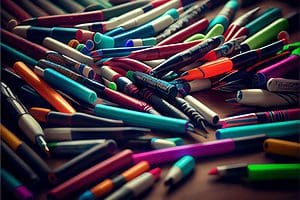 Muitas canetas de varios tipos e cores