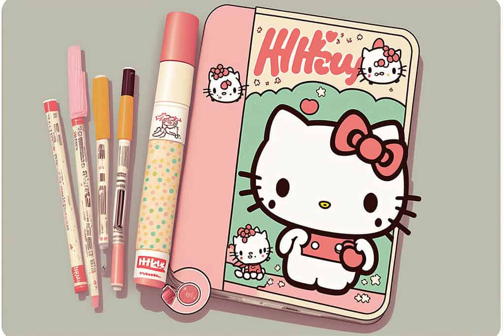 Ilustração de materiais de papelaria com a temática Hello Kitty