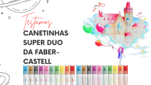 Canetinhas Faber-Castell Super Duo em ação, ilustrando a criatividade e a explosão de cores.